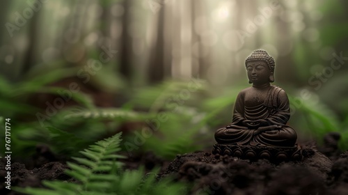 Little Buddha statue in blurred green bamboo zen jungle  friendly peaceful tropical environment  fre
