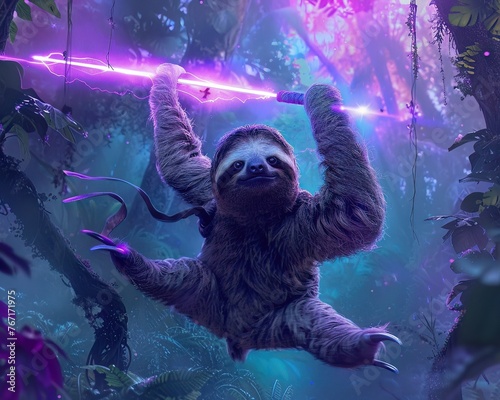 A sloth swinging from tree to tree with neon purple nunchucks, in a misty rainforest