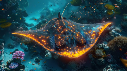 A stingray with neon orange pulse bombs, gliding silently over the seabed