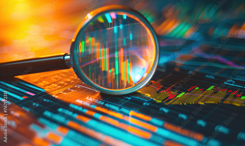 A magnifying glass over financial charts and graphs, representing stock ...