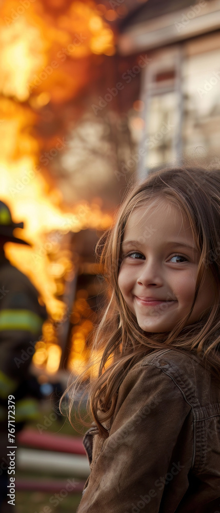 A young girl smiling nonchalantly with a blazing house fire and firefighters in the background