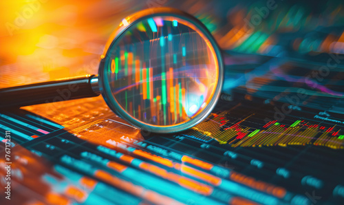 A magnifying glass over financial charts and graphs, representing stock market analysis or business data presentation. High quality stock photo in the style of bokeh panorama, tiltshift lens