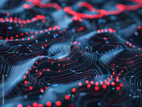 Abstract digital landscape with flowing lines and illuminated dots. Futuristic network design. Blue and red color scheme in a close-up view. Perfect for technology backgrounds. Generative AI