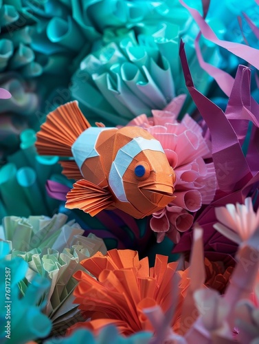 Amongst the realistic coral reefs, an origami clownfish hides within an anemone, its bright paper colors blending with the vibrant underwater life