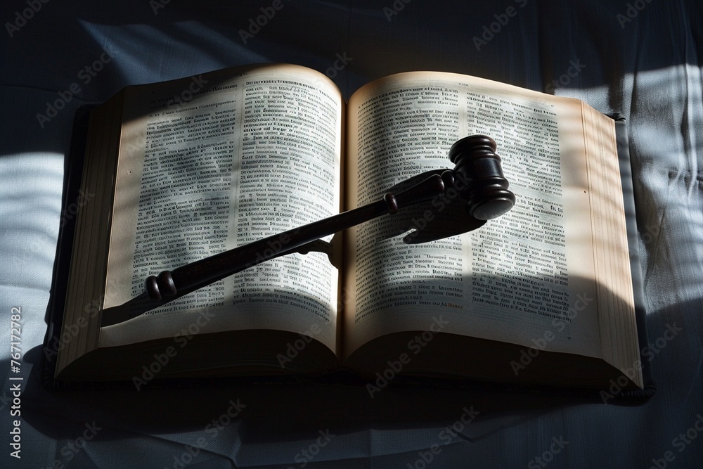An open law book casting a shadow of a gavel, representing the underlying authority of legal texts - obrazy, fototapety, plakaty 