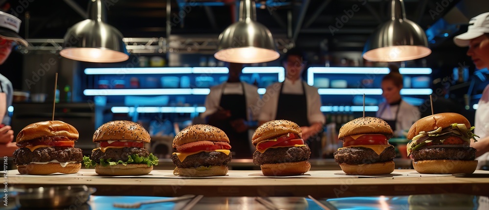 Burgers being judged by a panel of celebrity chefs in a TV show setting