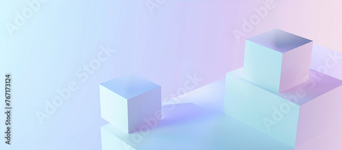 3D render of white cubes on a transparent background, with a blue and purple gradient. The minimalistic design has a sense of technology, using simple geometric shapes. 
