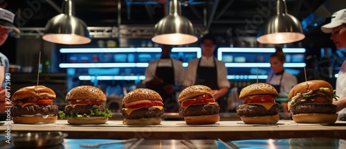 Burgers being judged by a panel of celebrity chefs in a TV show setting