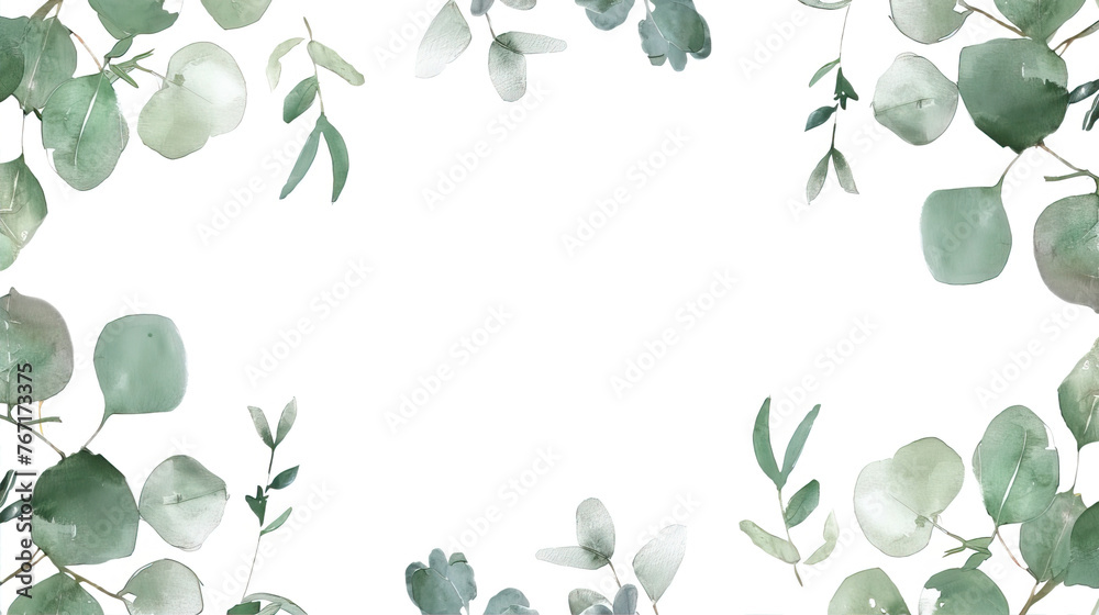 watercolor eucalyptus garland frame, simple and clean design, white background, in the style of clipart with empty space in the middle for text, soft green color palette 