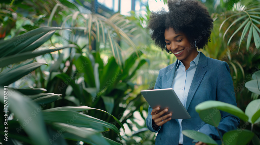 Mulher afro vestindo um terno azul segurando um tablet em um escritório cheio de plantas - Conceito de sustentabilidade - obrazy, fototapety, plakaty 