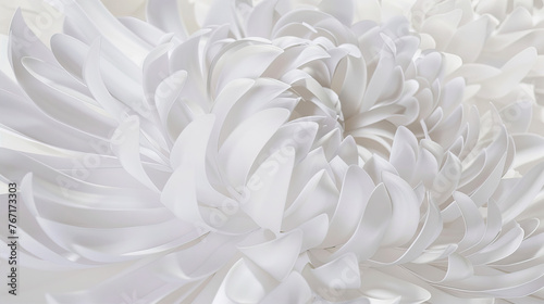 White background, a large white flower with petals made of a paper texture, 3D rendering, a closeup of the center part showing petal and leaf details, a geometric style, light blue and gray, macro pho © Olya Fedorova
