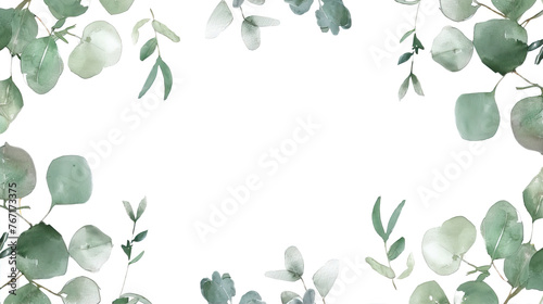 watercolor eucalyptus garland frame  simple and clean design  white background  in the style of clipart with empty space in the middle for text  soft green color palette 