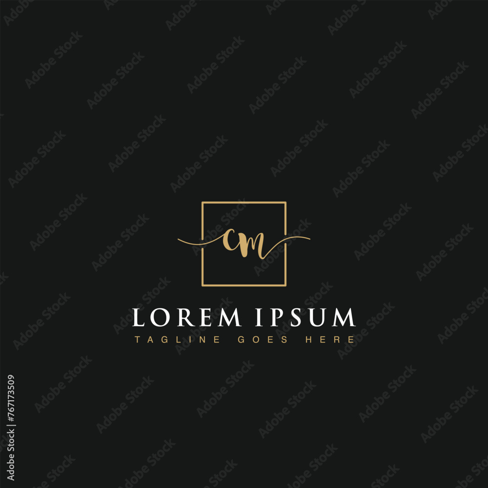 Luxurious minimalist elegant handwritten Initials letters CM linked inside square line box vector logo designs inspirations in gold colors for brand, hotel, boutique, jewelry, restaurant or company 