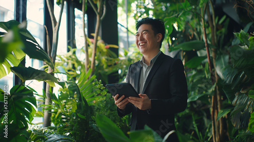 Homem japones vestindo um terno preto segurando um tablet em um escritório cheio de plantas - Conceito de sustentabilidade