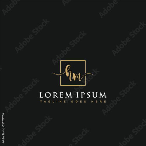 Luxurious minimalist elegant handwritten Initials letters HM linked inside square line box vector logo designs inspirations in gold colors for brand, hotel, boutique, jewelry, restaurant or company 