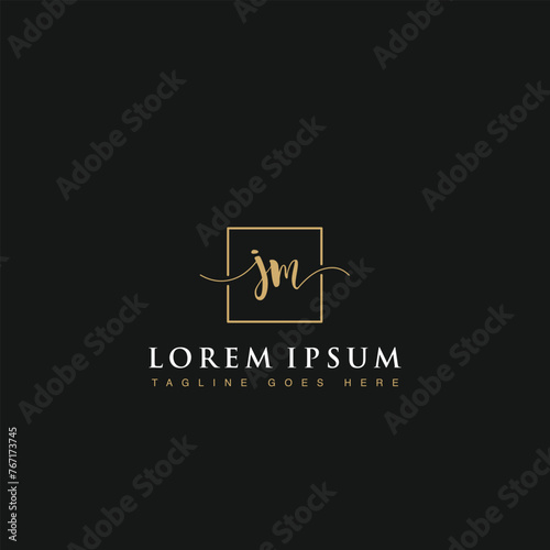 Luxurious minimalist elegant handwritten Initials letters JM linked inside square line box vector logo designs inspirations in gold colors for brand, hotel, boutique, jewelry, restaurant or company 