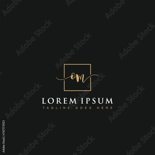 Luxurious minimalist elegant handwritten Initials letters OM linked inside square line box vector logo designs inspirations in gold colors for brand, hotel, boutique, jewelry, restaurant or company 
