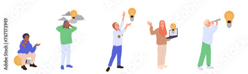 Pensive people cartoon characters having problem with ideas thinking searching solution isolated set
