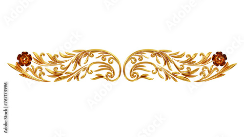 golden abstract floral curve ornament 3D rendering