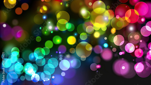 Blurred multicolored lights on a black background with space for text or message. A rainbow bokeh light effect. An abstract background of blurred rainbow lights. A design element.
