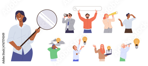 Happy business people employee characters searching new creative idea, work strategy and solution
