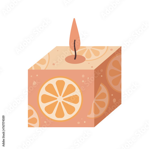 Aromatherapy candle with with citrus supplement isolated on white background. Hand drawn Vector illustration. Orange Aroma candle icon. Hand crafted candle. Flat design
