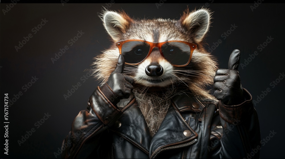 Portrait of cool hipster raccoon in sunglasses in stylish leather jacket and showing thumbs up with 