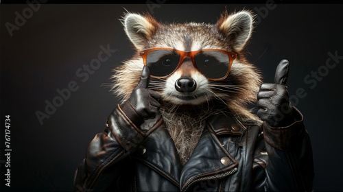 Portrait of cool hipster raccoon in sunglasses in stylish leather jacket and showing thumbs up with 