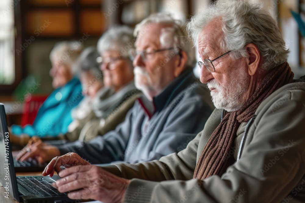 Group of elderly people attending an online course, taking notes on laptops in a community center - obrazy, fototapety, plakaty 