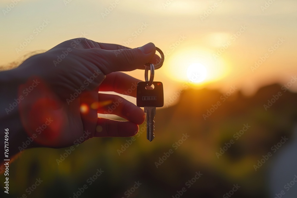 Hand offers house keys with sunrise backdrop, signaling fresh beginnings in realty - obrazy, fototapety, plakaty 