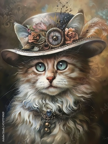 Hattopped feline, a portrait of tranquility for boutique vet clinic walls photo