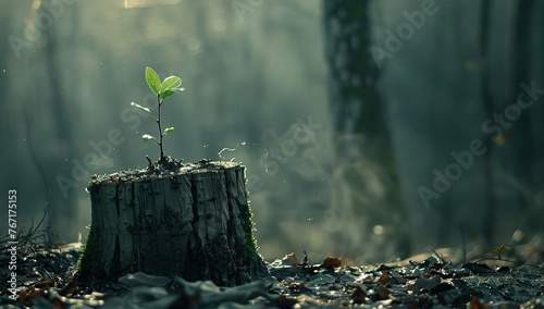 A green plant floating on a stump in grass, in the style of dreamy symbolism, sunrays shine upon it photo