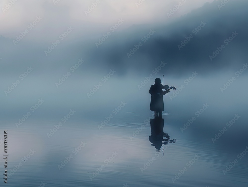 Misty dawn reveals a lone figure, a violins silhouette against a silent lake, music hanging in the crisp air Misty dawn reveals a lone figure, a violins silhouette against a silent lake, music hanging in the crisp air