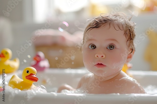 stock photography of A cute baby sitting in a bathtub with gentle eyes and soft skin