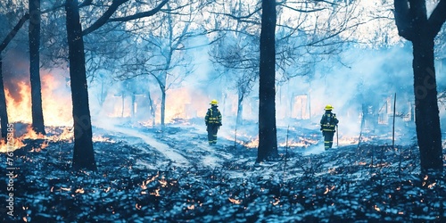 Firefighters extinguish a forest fire. Summer fire. Burning houses in the suburbs. A burning building or house engulfed in flames. firefighters put out a fire in the forest.