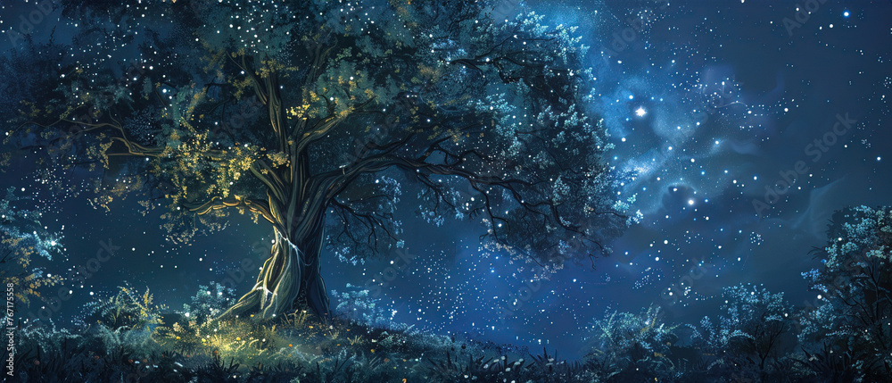 Nighttime under its foliage, where stars peek through, illuminating the treea s ancient wisdom Nighttime under its foliage, where stars peek through, illuminating the treea s ancient wisdom