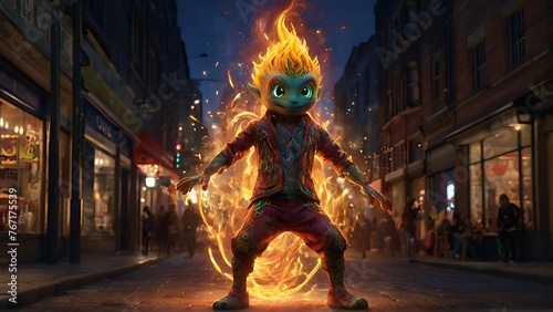 In a bustling cityscape, a mischievously flamboyant Fire Sprite dances with abandon, clad in shimmering embers that flicker like tiny flames. This imaginative character concept would be best suited fo