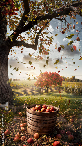 Rustic Basket Full of Red Apples Under a Sunlit Tree in a Pastoral Orchard at Sunset