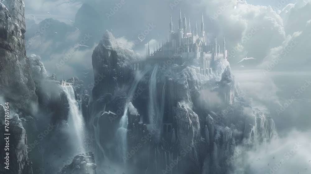 A crystalline castle perched atop a misty mountain peak, surrounded by cascading waterfalls and guarded by mythical griffins with shimmering plumage - obrazy, fototapety, plakaty 