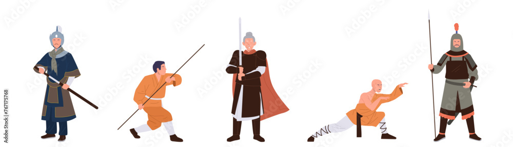 Ancient Chinese warriors, imperial knight, ninja, Buddhist karate monk isolated set on white