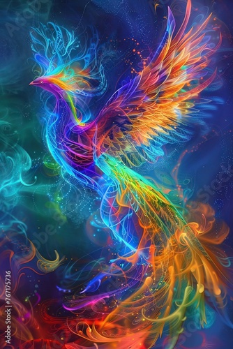 Rainbow flight, a phoenix in neon splendor soars, symbolizing rebirth © Shutter2U