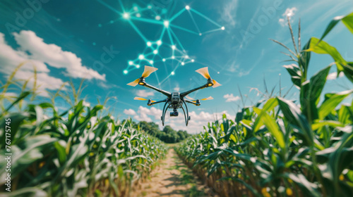 Agricultural advancements. Drone surveillance over an open cornfield, employing modern technology for precision farming and environmental monitoring