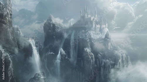 A crystalline castle perched atop a misty mountain peak, surrounded by cascading waterfalls and guarded by mythical griffins with shimmering plumage