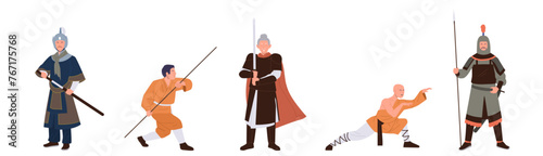 Ancient Chinese warriors, imperial knight, ninja, Buddhist karate monk isolated set on white