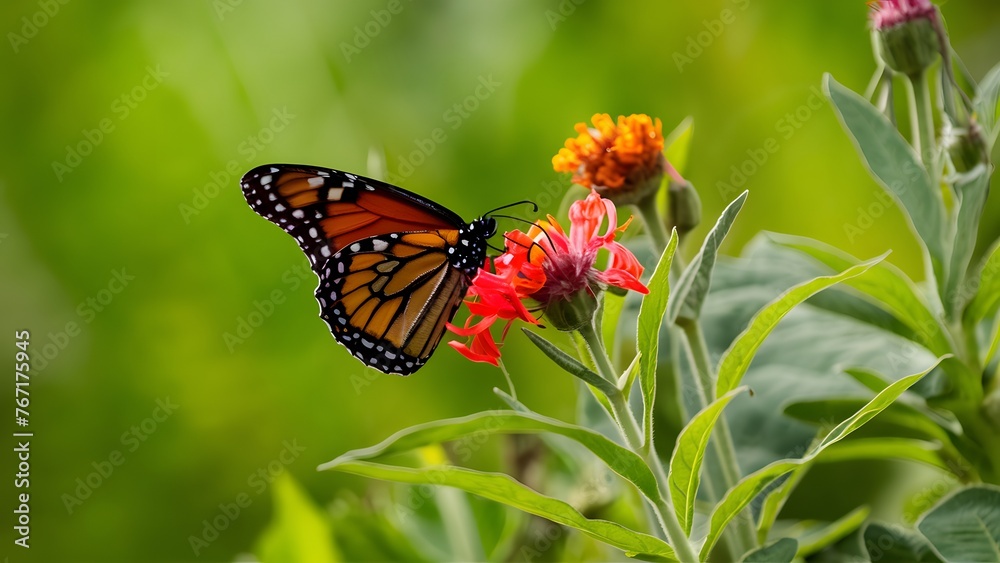 Obraz premium Green vegetation backdrop highlights monarch butterfly on milkweed flower