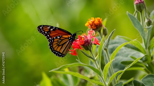 Green vegetation backdrop highlights monarch butterfly on milkweed flower