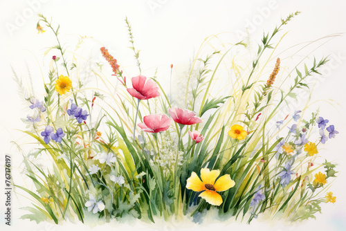 line of grass with wild flowers in watercolor design generative ai