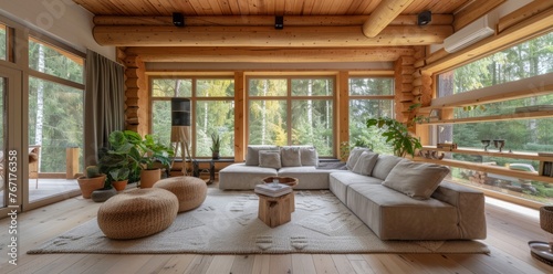 Living room interior in beautiful new luxury home, bright modern minimalist style, with replica space.