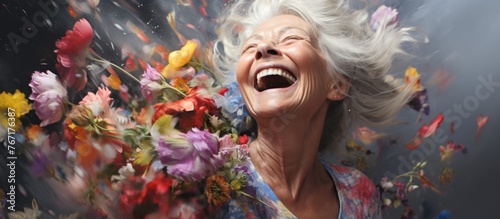 The elderly womans eyes filled with joy as she smiled and gestured happily while holding a bouquet of flowers  clearly enjoying the fun event surrounded by lush green grass and vibrant plants