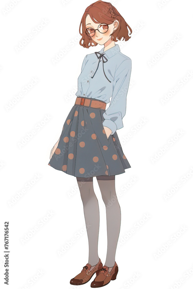 A full body illustration of an attractive woman wearing a skirt, shoes and glasses A full body illustration of an attractive woman wearing a skirt, shoes and glasses